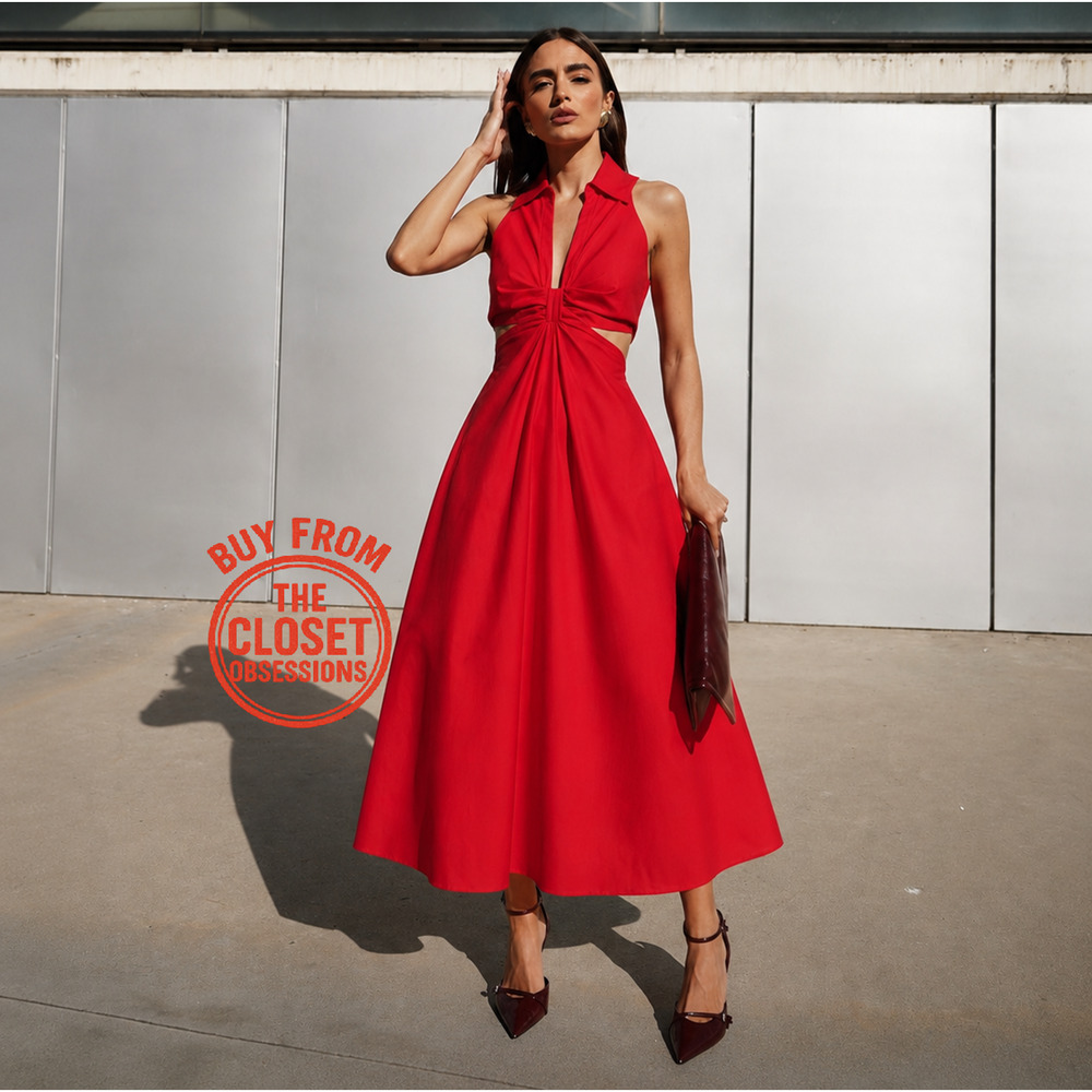 Mango NWT Red Cotton Cutout A-Line Maxi Dress 6 8 - Picture 2 of 16